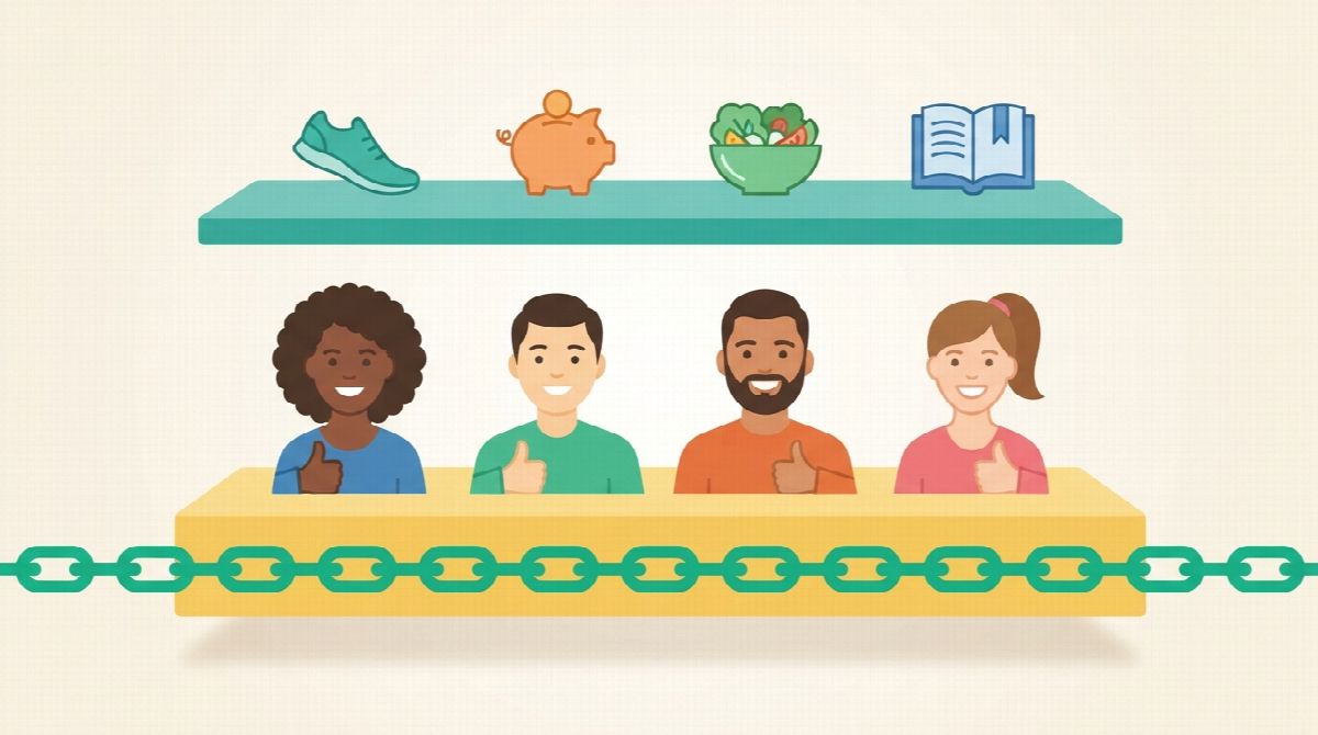 Illustration of two stacked layers: the top holding a running shoe, piggy bank, salad bowl and open book, the bottom holding four friends giving a thumbs up joined by a green chain
