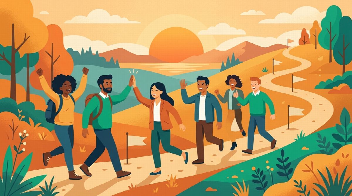 Team walking together toward a shared goal on a calendar