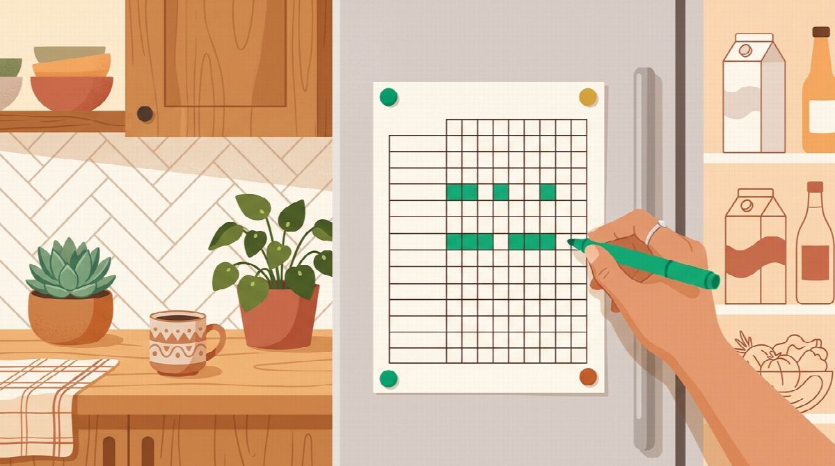 Illustration of a printed habit tracker grid on a fridge with colored boxes filled in