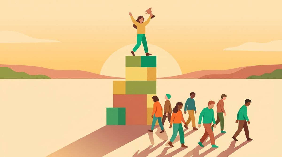Illustration of one walker celebrating on a podium while others walk away