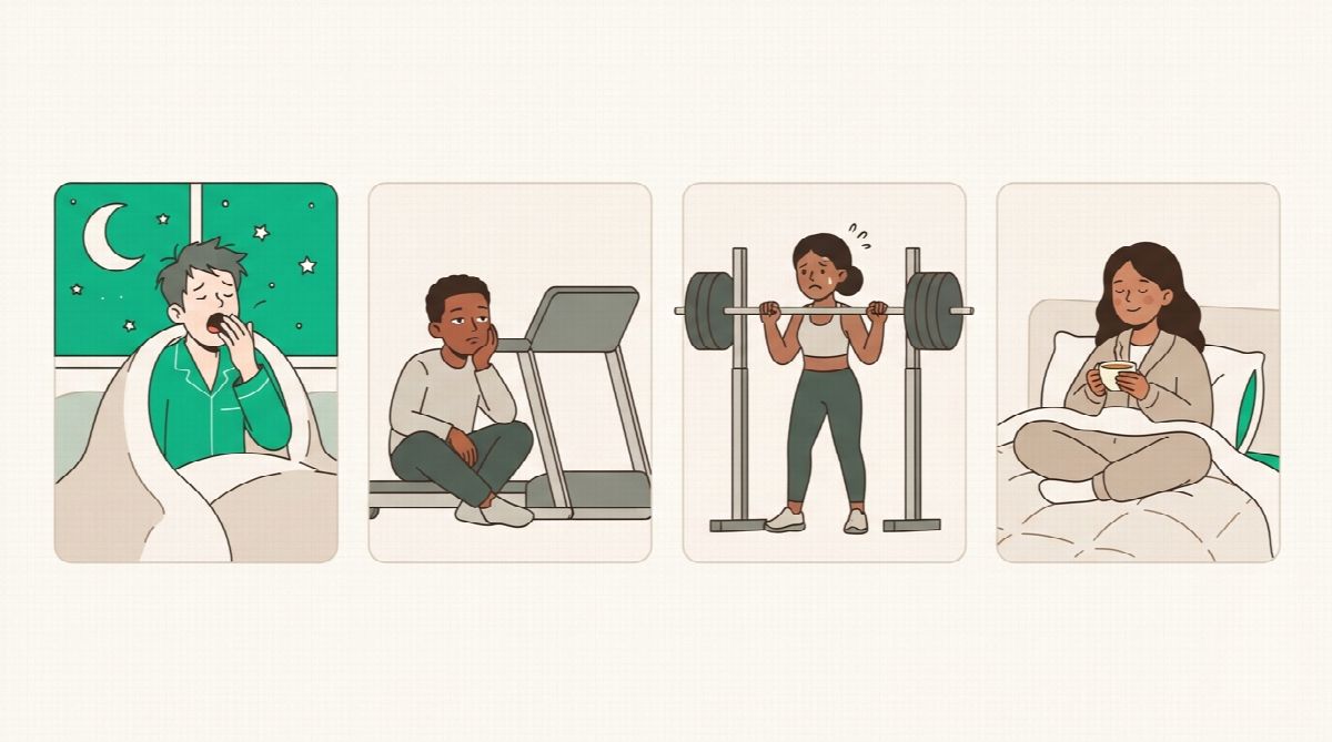 Four moments side by side: a yawning person under a moon, a bored person facing a treadmill, a nervous person holding a heavy barbell, and a person resting in bed with tea