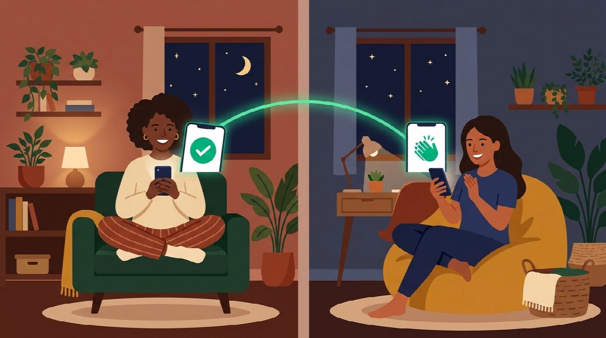Illustration of two friends in separate homes at night, each holding a phone, one showing a green checkmark and the other showing a clapping reaction, joined by an arc of light