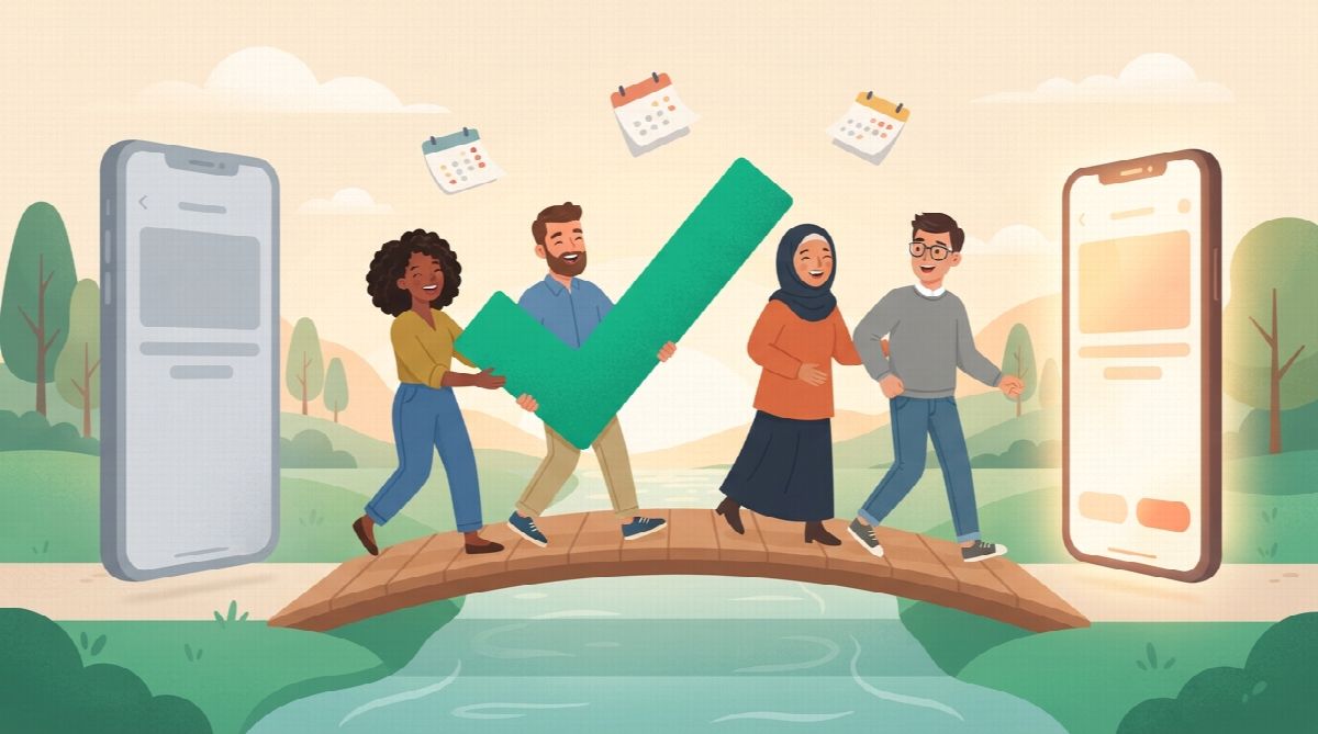 Four friends carrying one big green checkmark across a bridge from an old grey phone to a bright new one