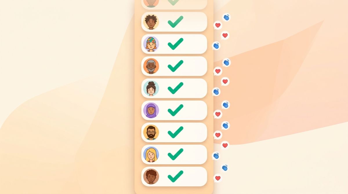 Illustration of a Discord-style checkin channel filling with daily checkmarks from several members, with emoji reactions around each