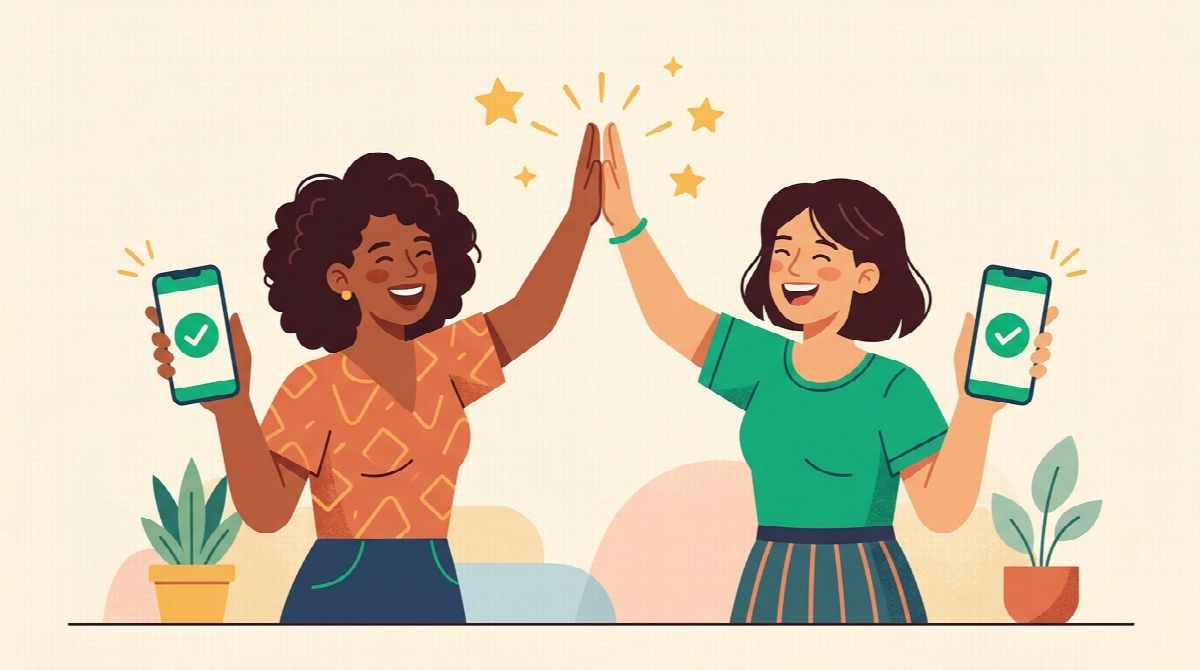 Illustration of two friends giving each other a high five over phones showing completed checkmarks