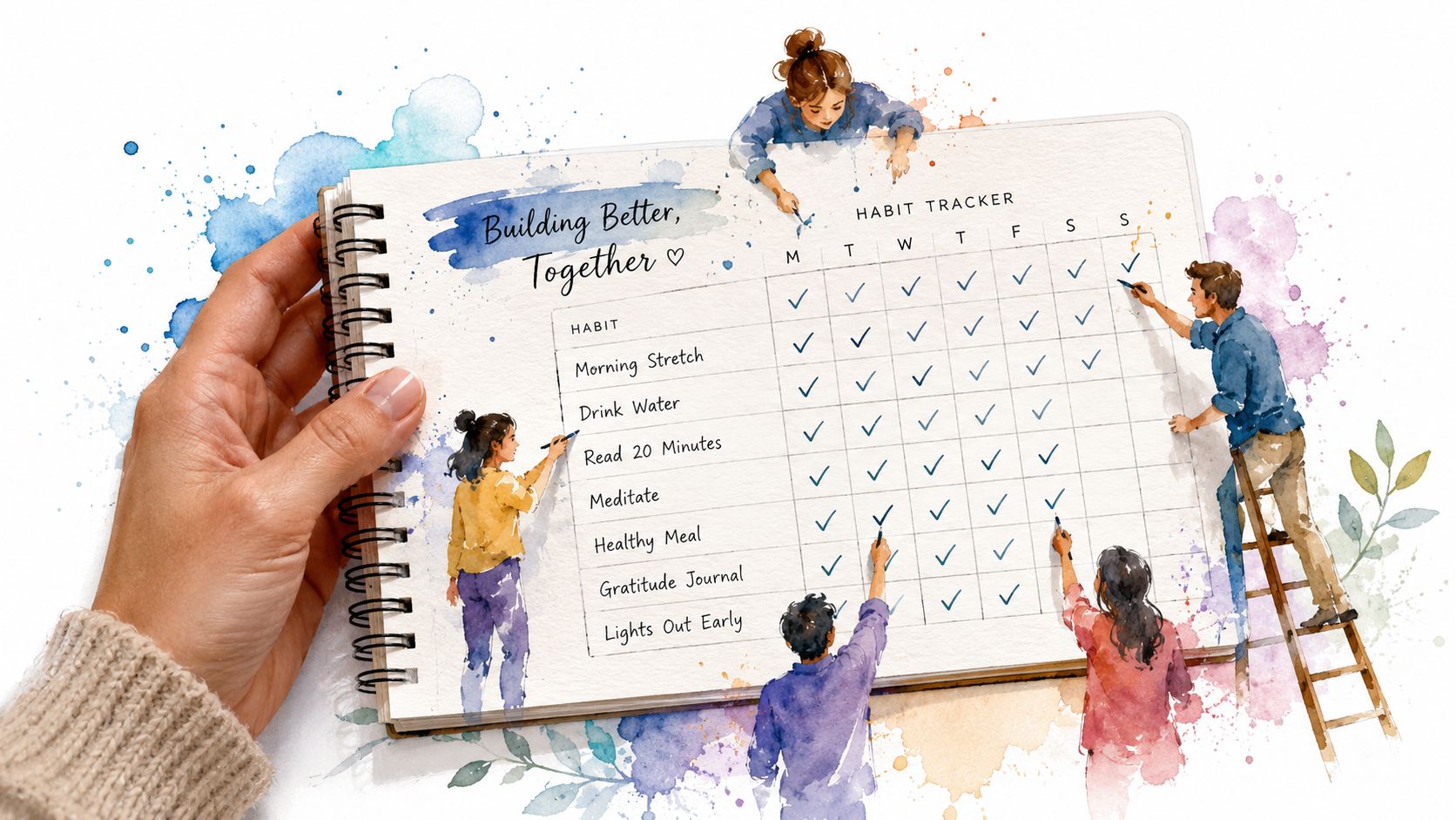 A hand holds a sketchbook showing a habit tracker where diverse people collaborate on marking daily activities.