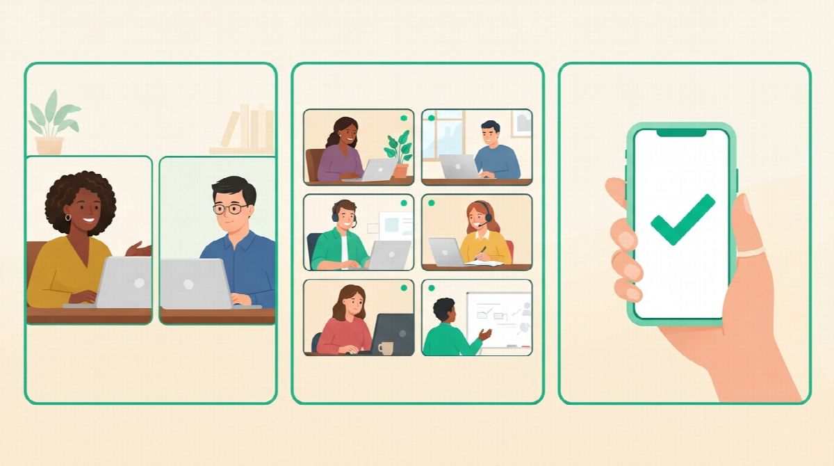 Three panels: two people on a one-to-one video call, a grid of six small video tiles of people working, and a hand holding a phone with a single green check mark