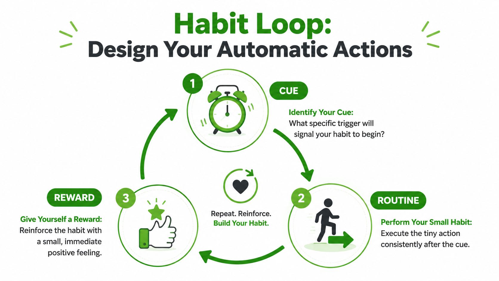 A circular infographic illustrating the three steps of a habit loop: cue, routine, and reward.