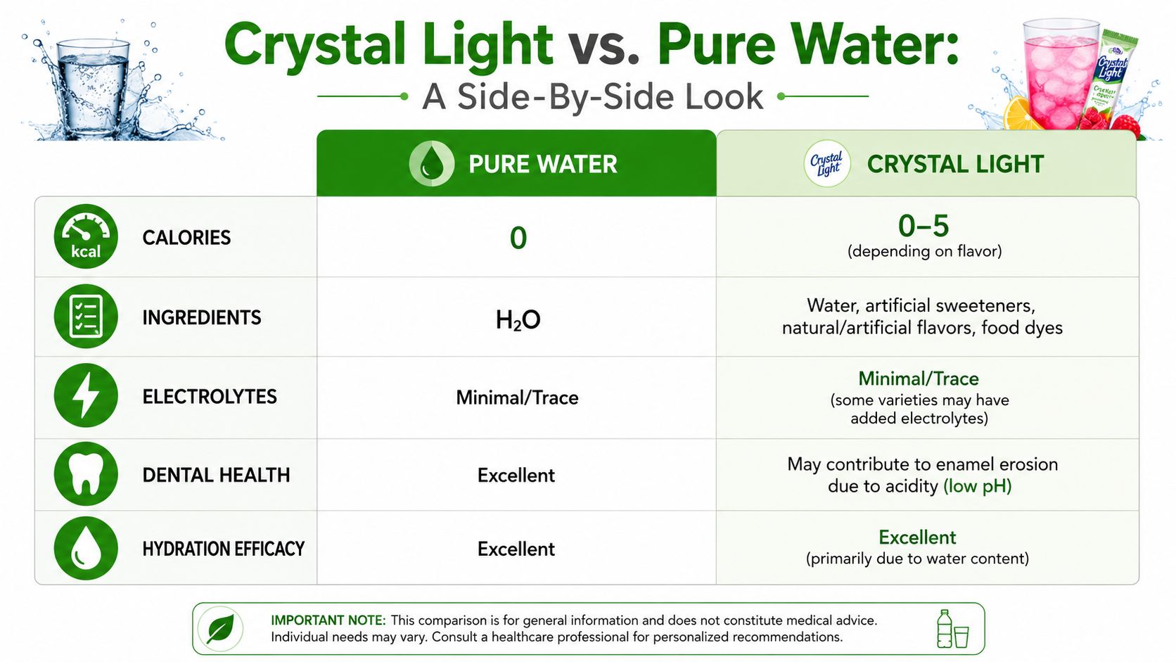 A comparison chart showing the differences between pure water and Crystal Light drink mix.