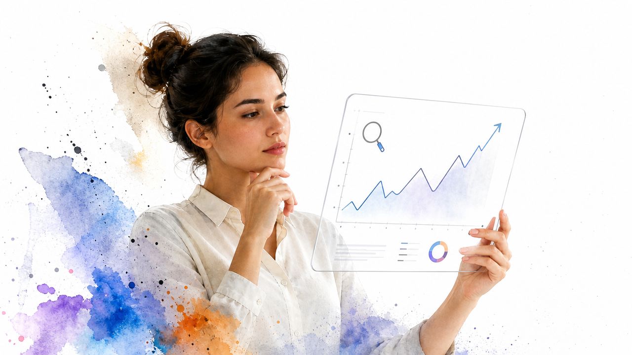 A professional woman thoughtfully analyzing a digital chart representing business growth on a transparent screen.