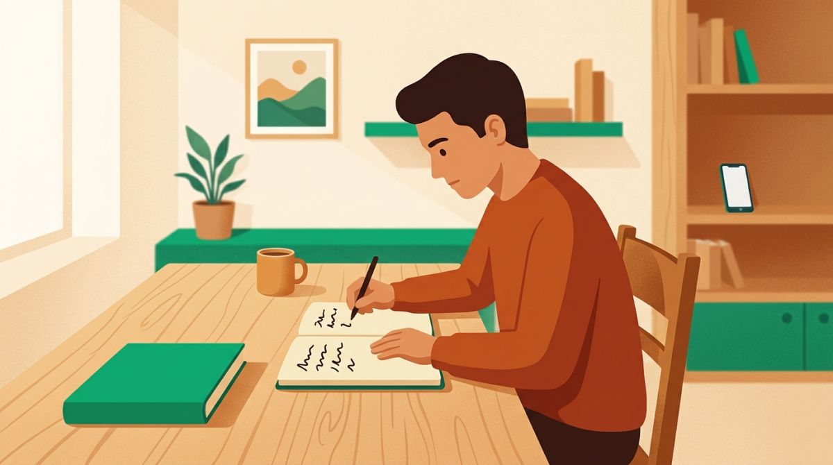 Illustration of a student at a tidy desk writing answers from memory while a phone sits far away on a shelf
