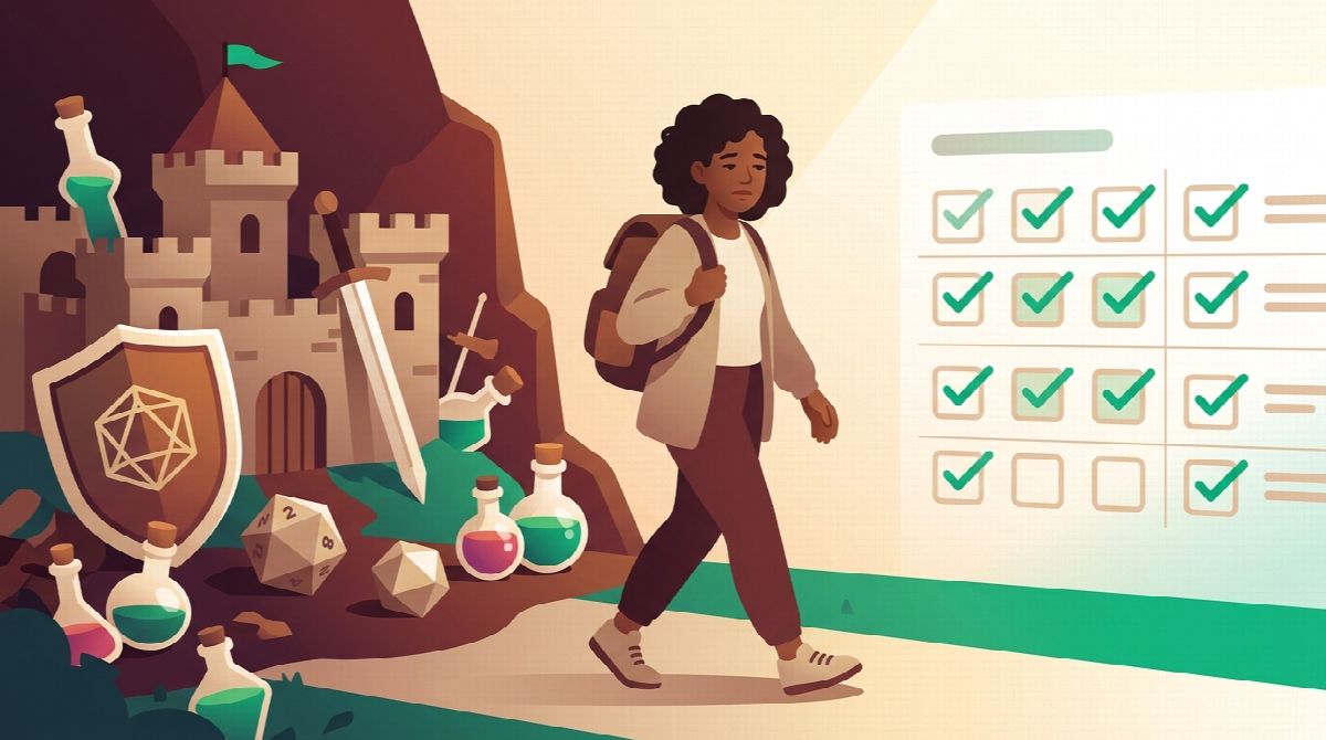 Illustration of a person stepping away from a fantasy game toward a simple daily checklist
