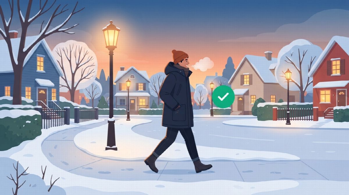 A person in a winter coat walking briskly through a snowy neighborhood at dawn