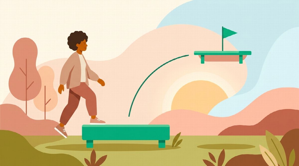 Two-tier habit targets: a person steps onto a low stable Floor platform while a higher Ceiling level waits above