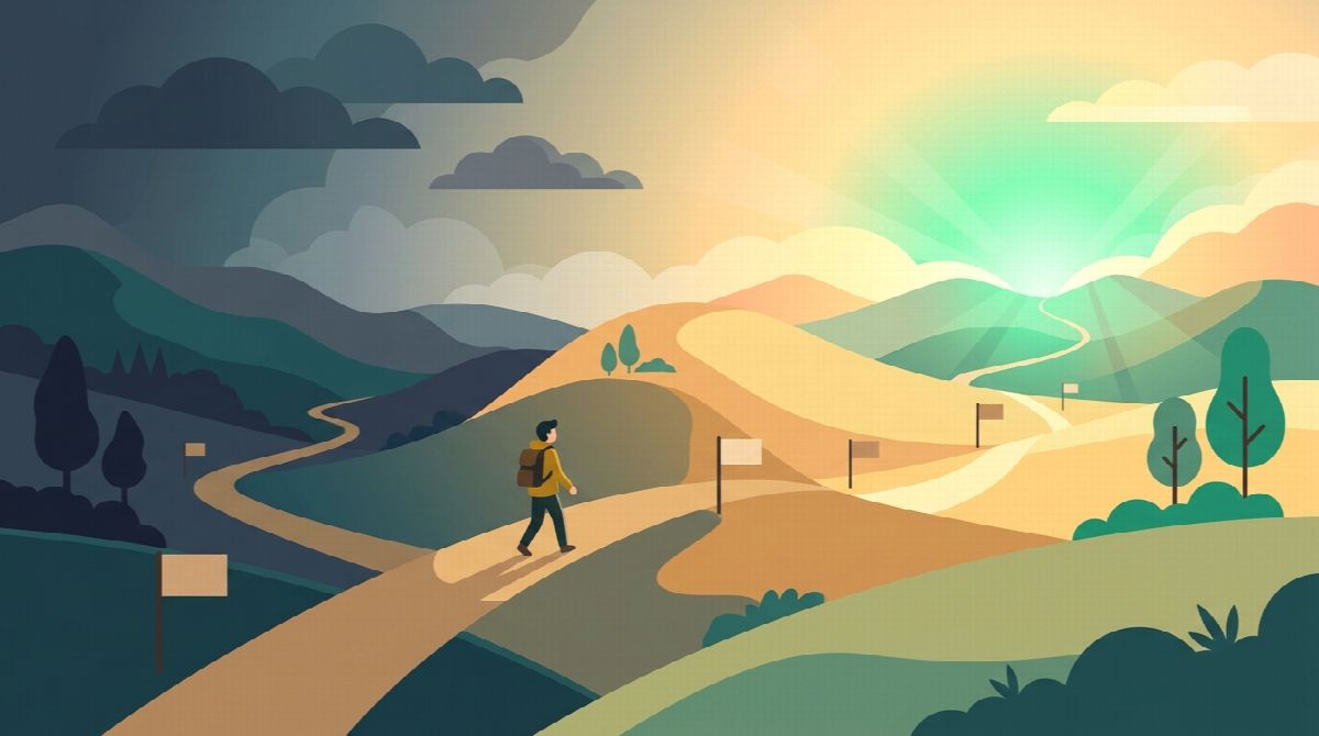 Winding path from a stormy valley to a bright sunrise with small milestone flags along the way