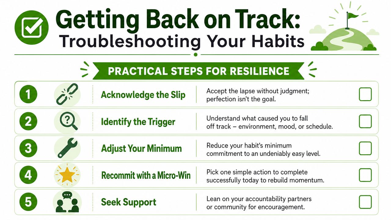 A five-step guide for troubleshooting habits and building resilience after a setback on a green background.