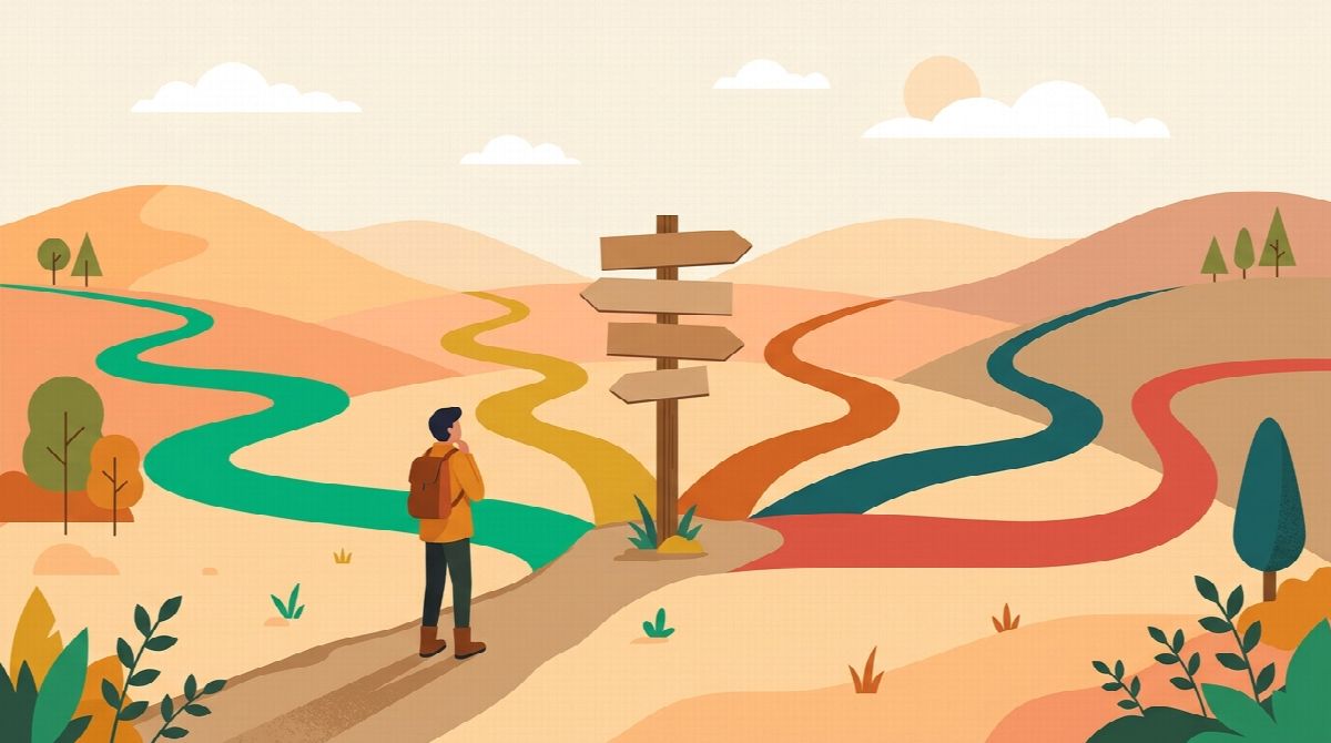Illustration of a person at a fork in a path choosing between several different challenge routes
