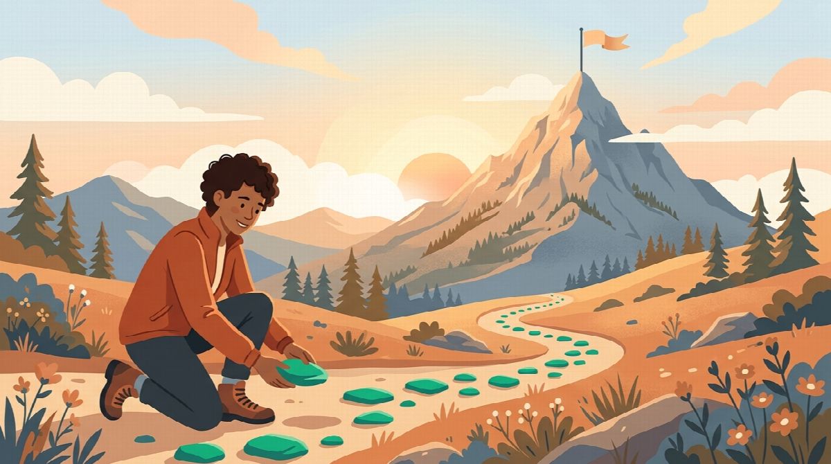 A person placing small emerald stepping stones on a winding path toward a distant mountain summit with a flag on top
