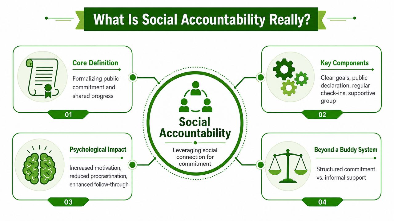 A diagram explaining the concept of social accountability through four core pillars: definition, components, impact, and structure.