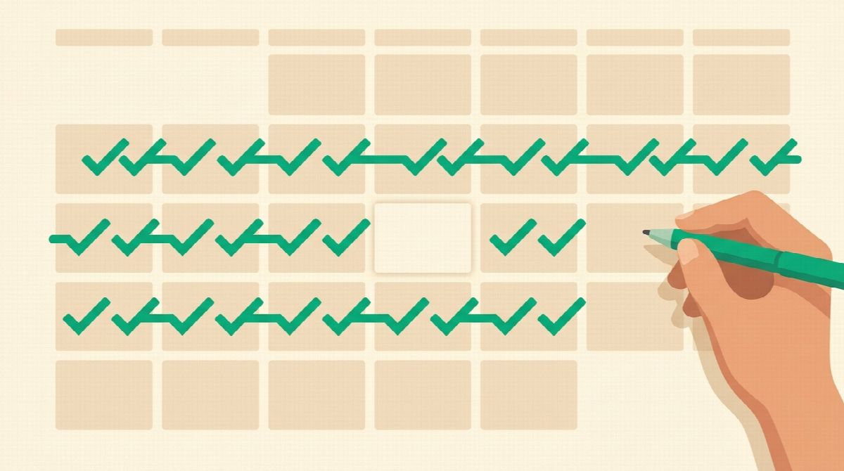 Illustration of a wall calendar where a chain of green checkmarks runs across the days, skips a single blank day, and continues unbroken on the far side