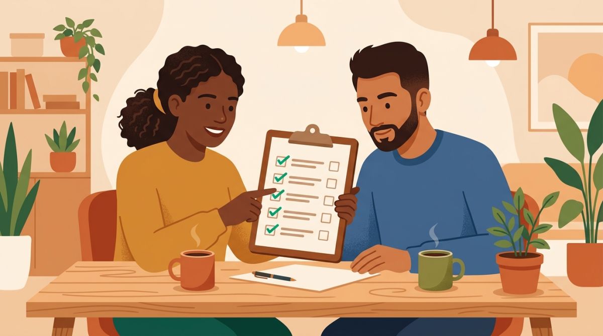 Illustration of two people at a table reviewing a shared checklist together