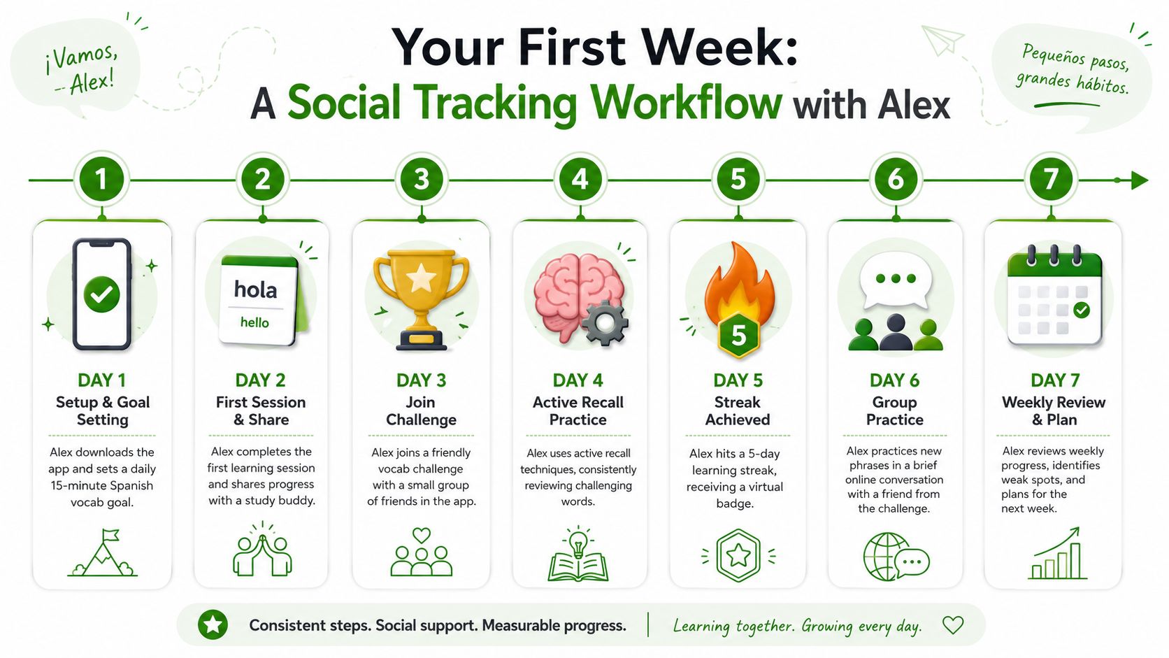 A 7-day social tracking workflow infographic illustrating a daily study plan for learning Spanish vocabulary.