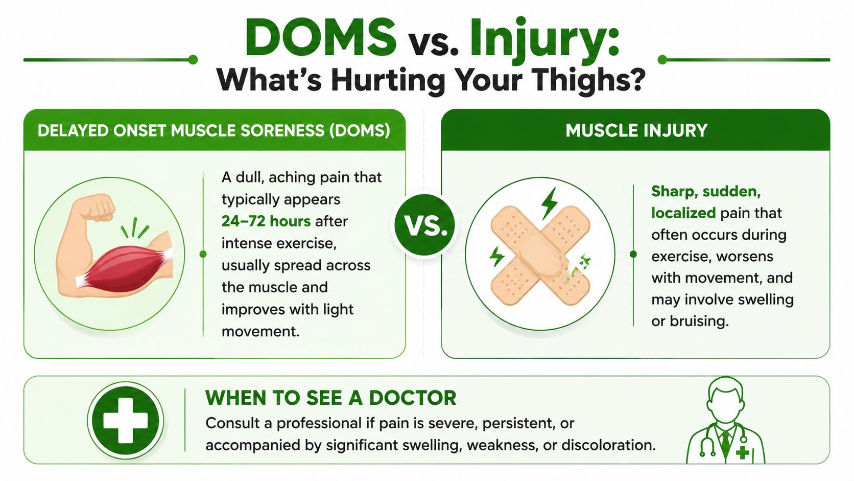 An infographic comparing Delayed Onset Muscle Soreness with a muscle injury to help identify thigh pain.