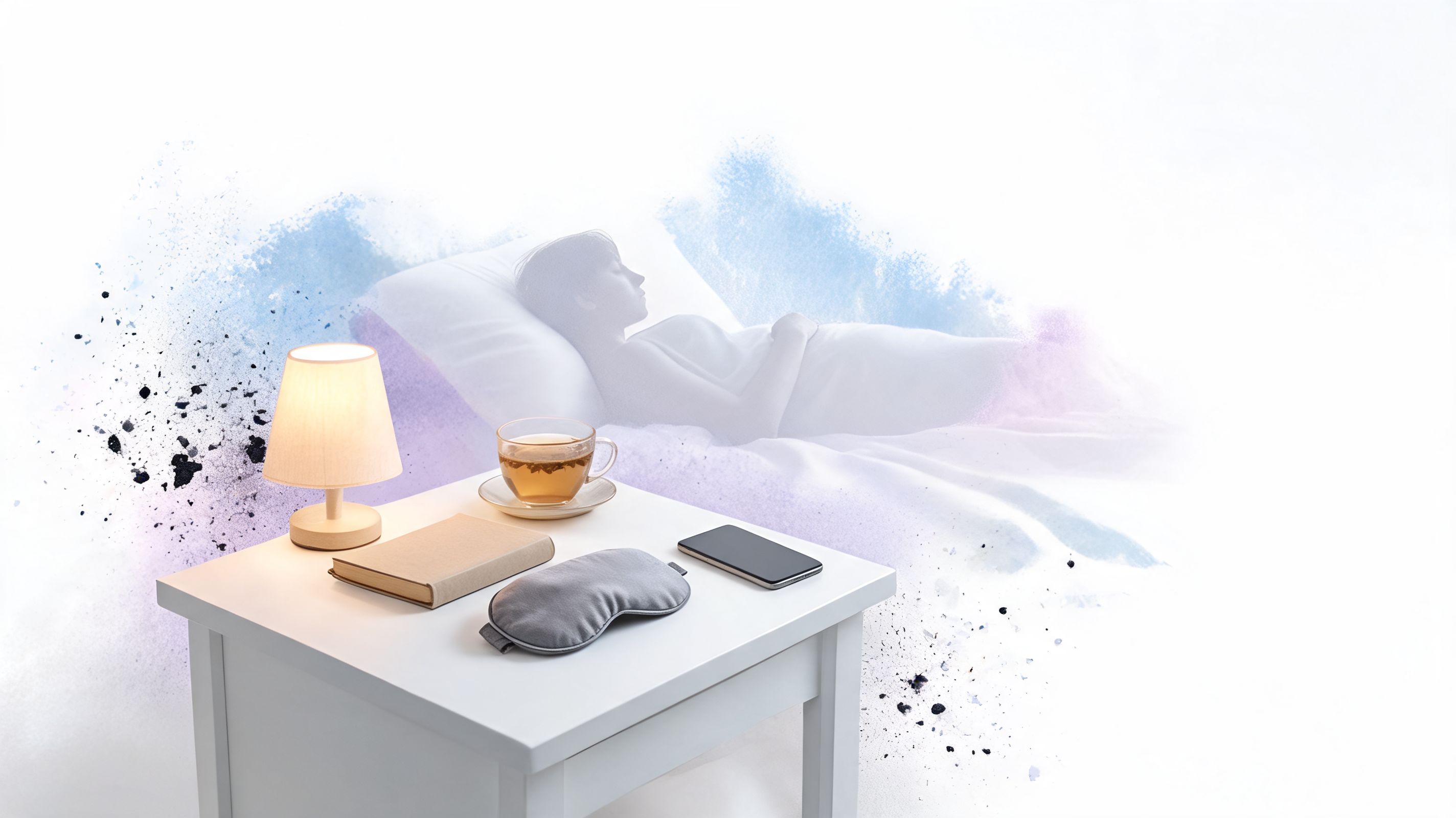 A bedside table with a lamp, book, tea, and sleep mask, with a person sleeping in the background.