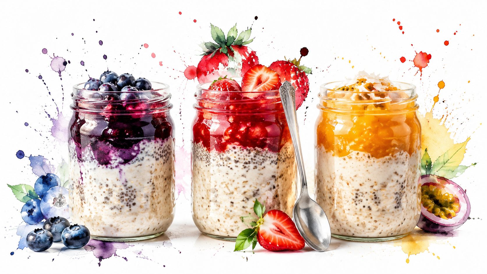 Three glass jars filled with overnight oats topped with fresh blueberries, strawberries, and tropical passion fruit.