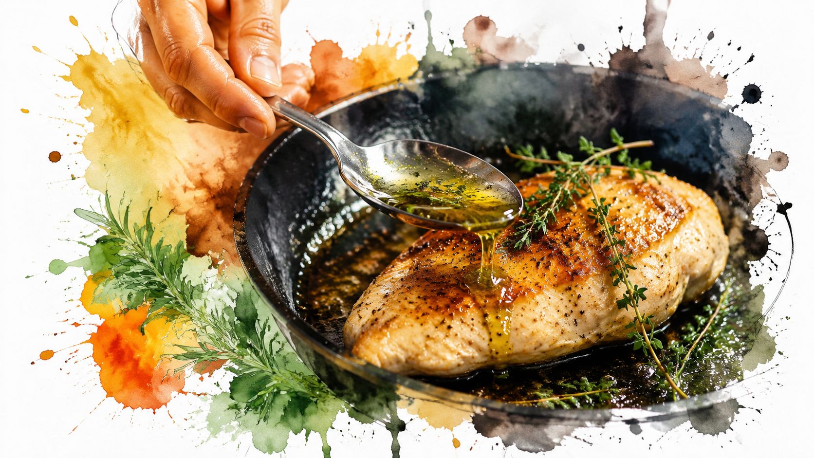 A hand uses a spoon to drizzle herb-infused olive oil over a golden brown seared chicken breast.