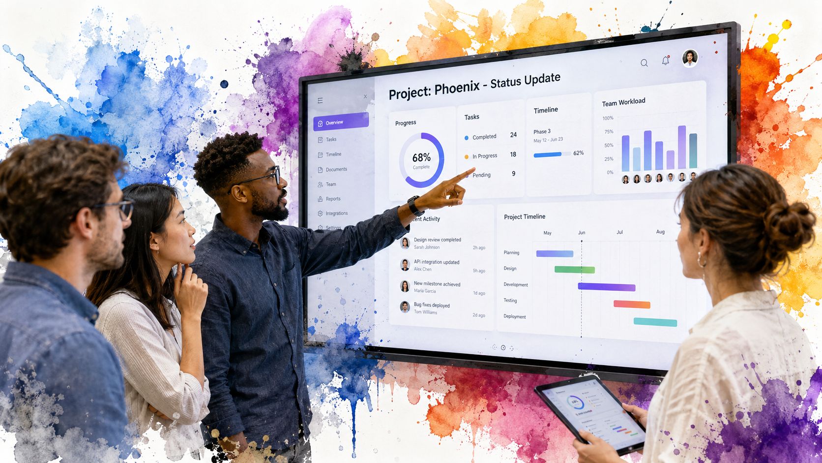 A professional team collaborates while reviewing project data on a large interactive digital display screen.