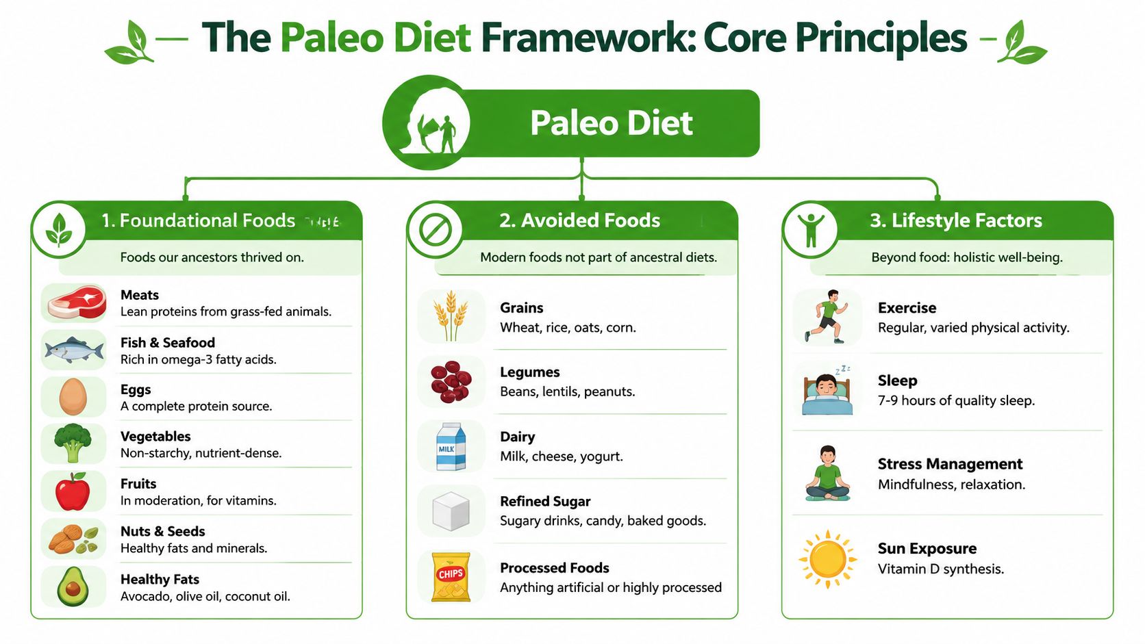 An infographic titled The Paleo Diet Framework outlining foundational foods, avoided foods, and essential lifestyle factors.