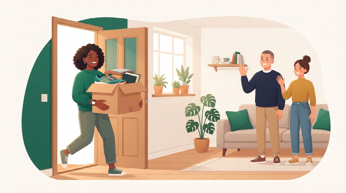 A person carrying a moving box with running shoes and a book into a bright room where two friends wave hello