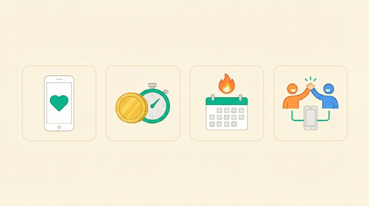 Four small panels: a phone feed with a heart, a coin beside a stopwatch, a flame over a calendar, and two people high-fiving over a phone
