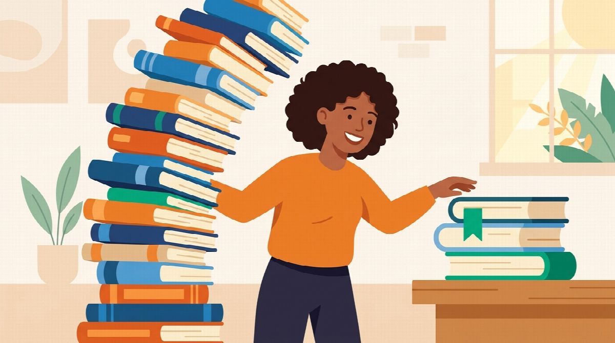 Illustration of a reader dwarfed by a towering ambitious book stack next to a small realistic daily stack