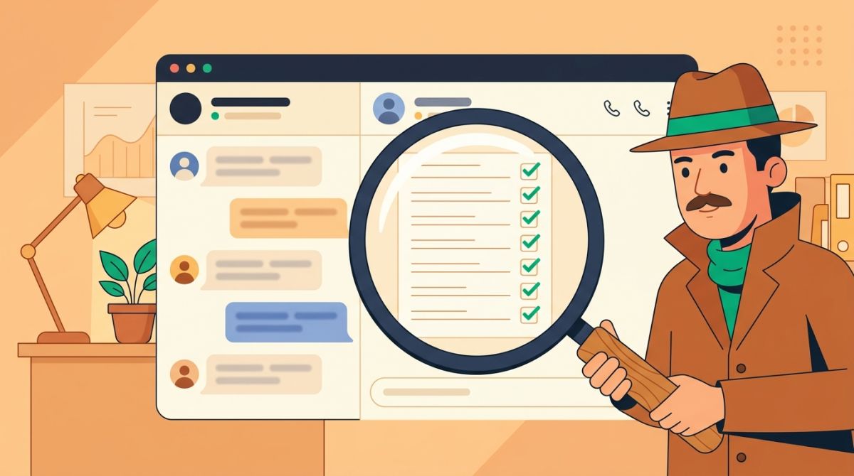 Illustration of a magnifying glass over a chat window with a checklist beside it