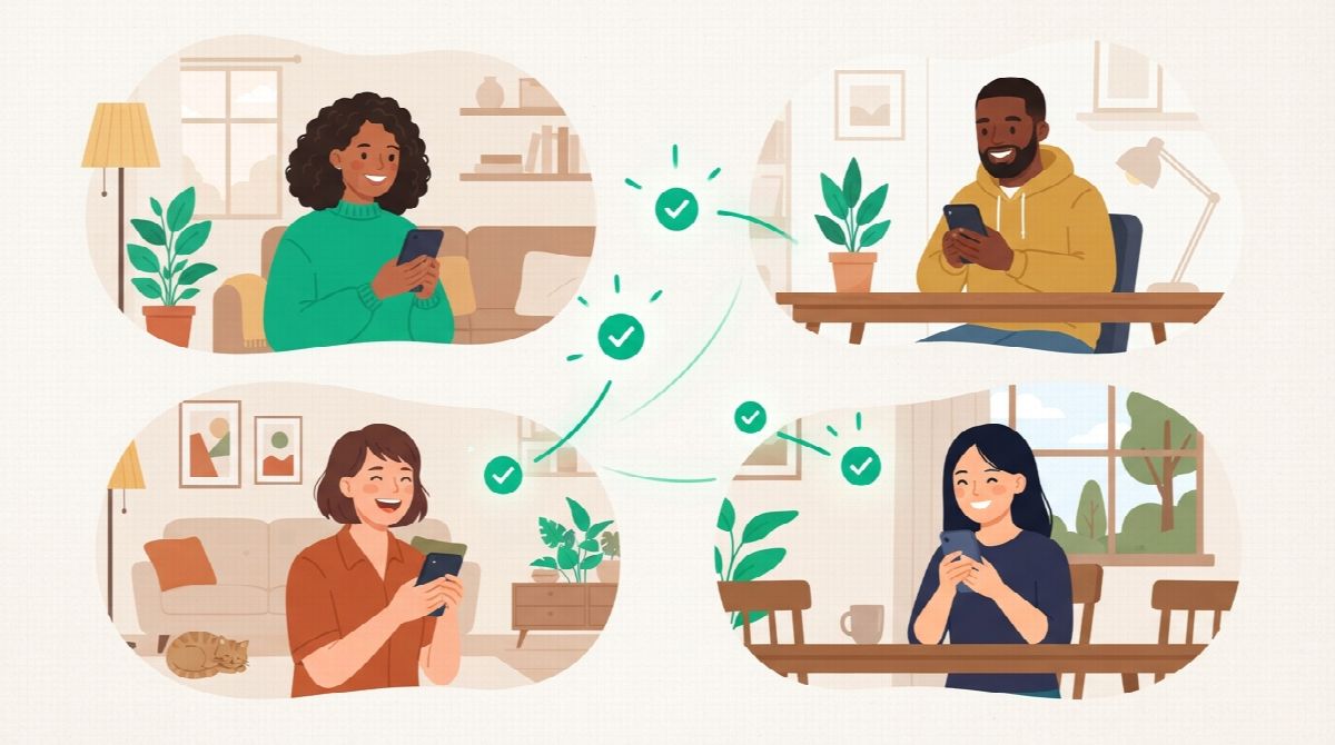 Four diverse friends in different homes, each holding a phone and smiling, small green check marks floating between them