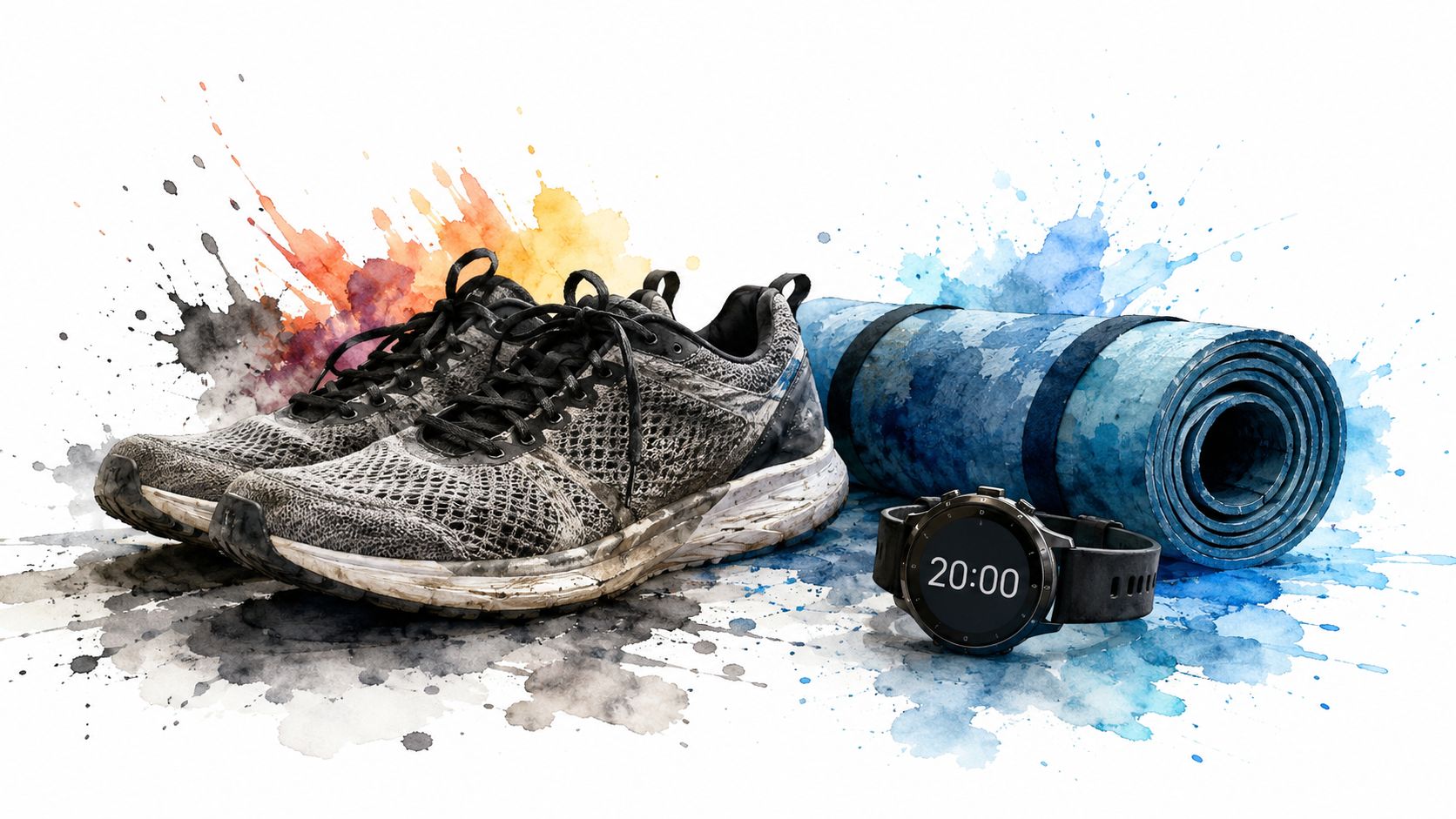 A pair of dirty running shoes, a rolled blue yoga mat, and a smartwatch displaying 20:00.