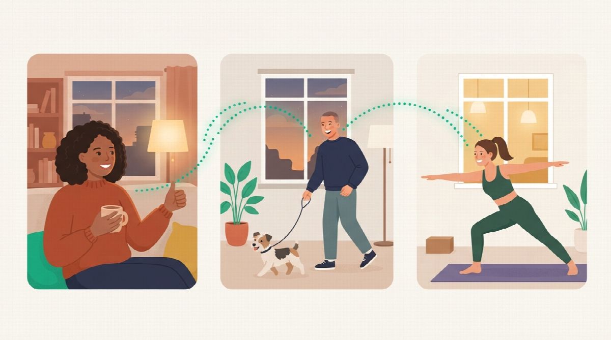 Three friends at home at the same evening hour, connected by dotted green lines, one giving a thumbs up