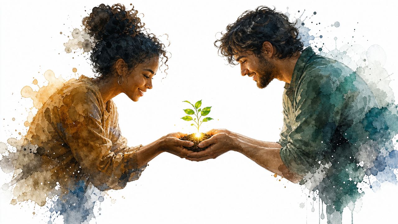 A man and woman tenderly holding a small green plant sprout together in their cupped hands.