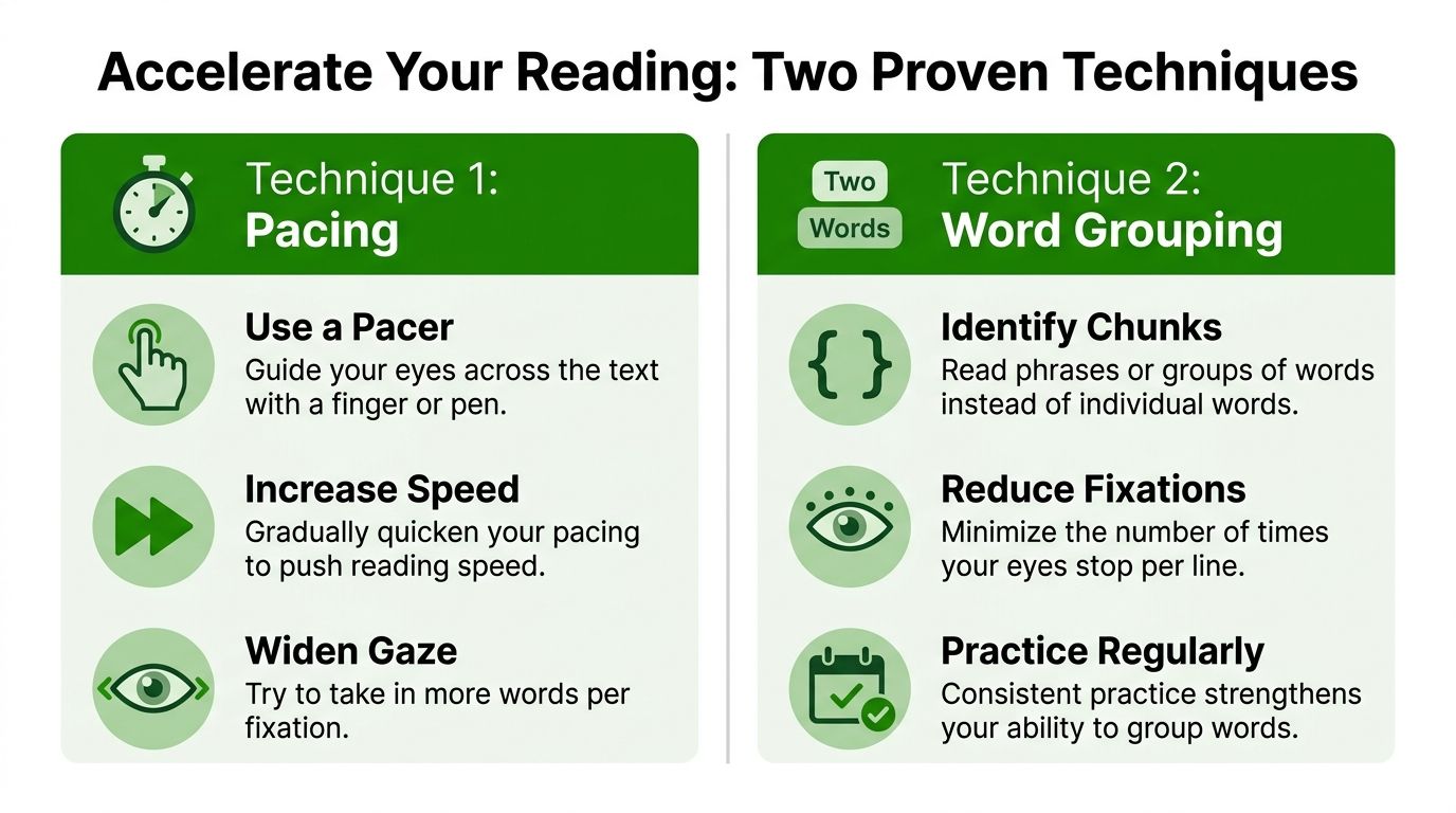 An infographic showing two reading techniques: Pacing using a pacer and Word Grouping to improve speed.