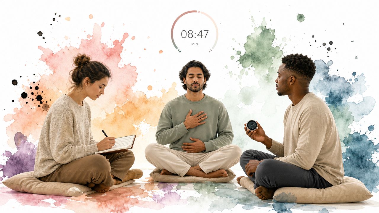 A diverse group of people participating in a guided meditation session with a timer and journal.