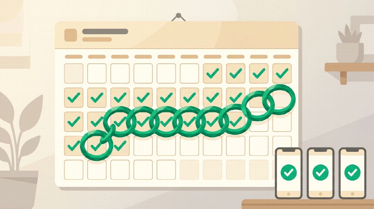 Wall calendar with a chain of emerald links growing across a month of checked days, three phones nearby each showing a green check
