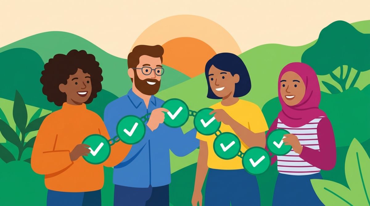Illustration of a small group of friends each adding a link to a shared chain of daily checkmarks