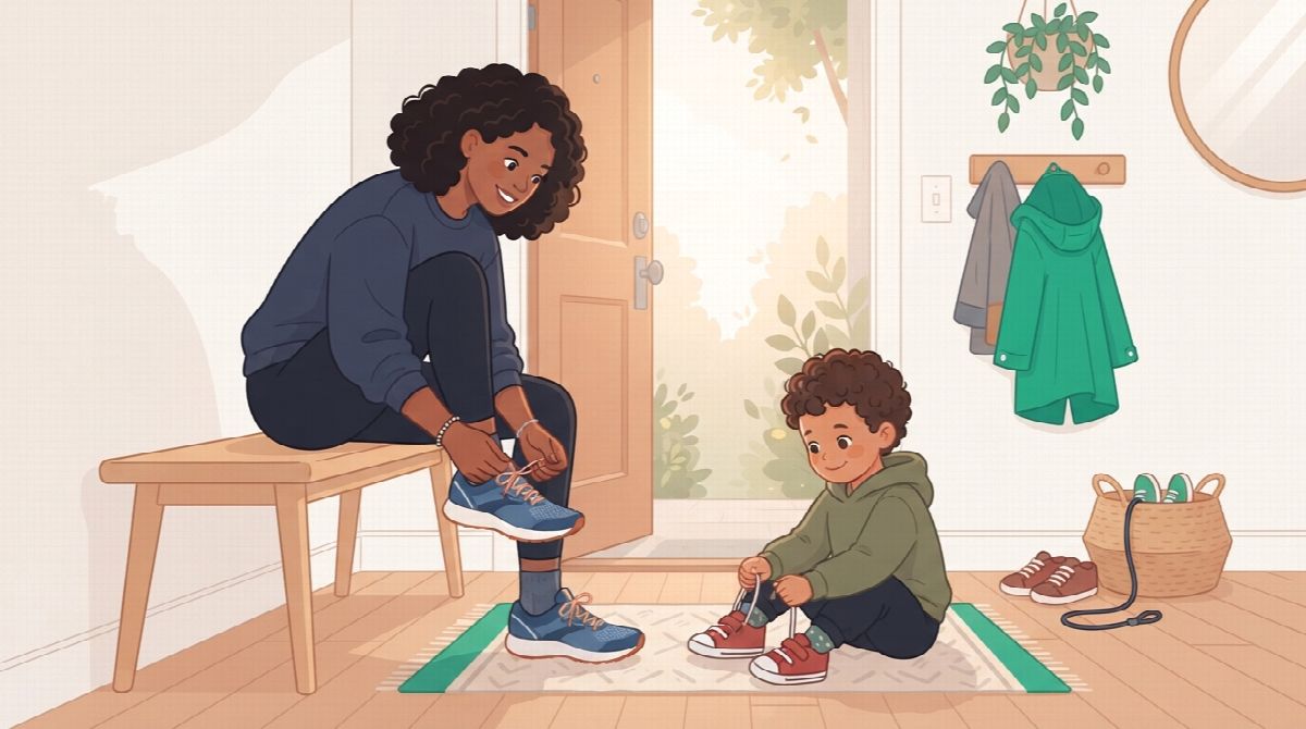 A parent lacing running shoes by the front door while a small child copies the same motion with their own sneakers