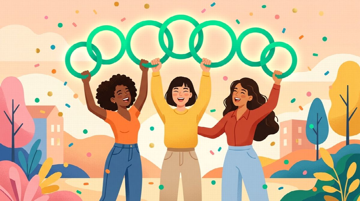 A small group of friends celebrating a daily checkin together, each adding a link to a shared chain