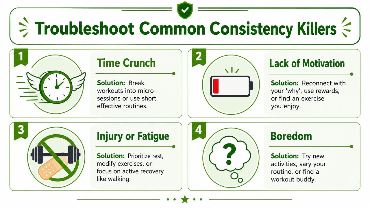 An infographic titled Troubleshoot Common Consistency Killers offering solutions for obstacles like time, motivation, injury, and boredom.