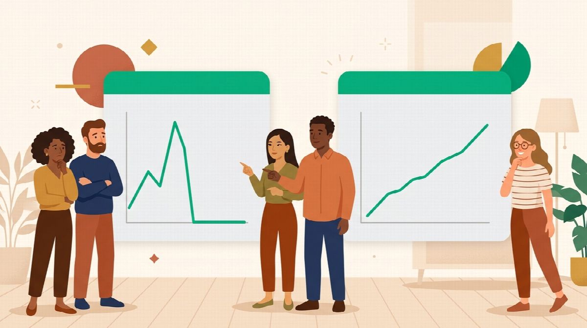 Two line charts side by side: one spikes then collapses, the other holds a steady climb, drawn as simple emerald lines