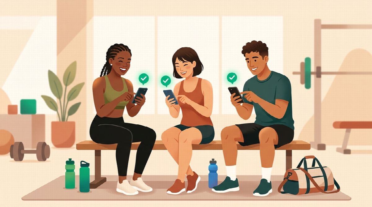 Three friends logging a daily workout checkin on their phones after exercising together