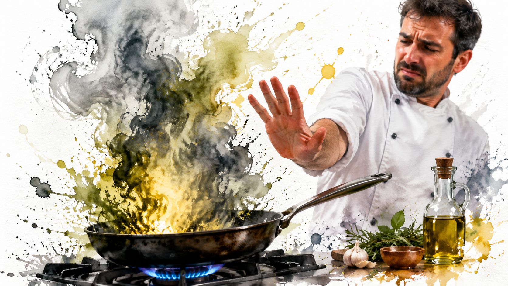 A concerned chef wearing a white uniform gestures to stop while cooking with olive oil in pan.